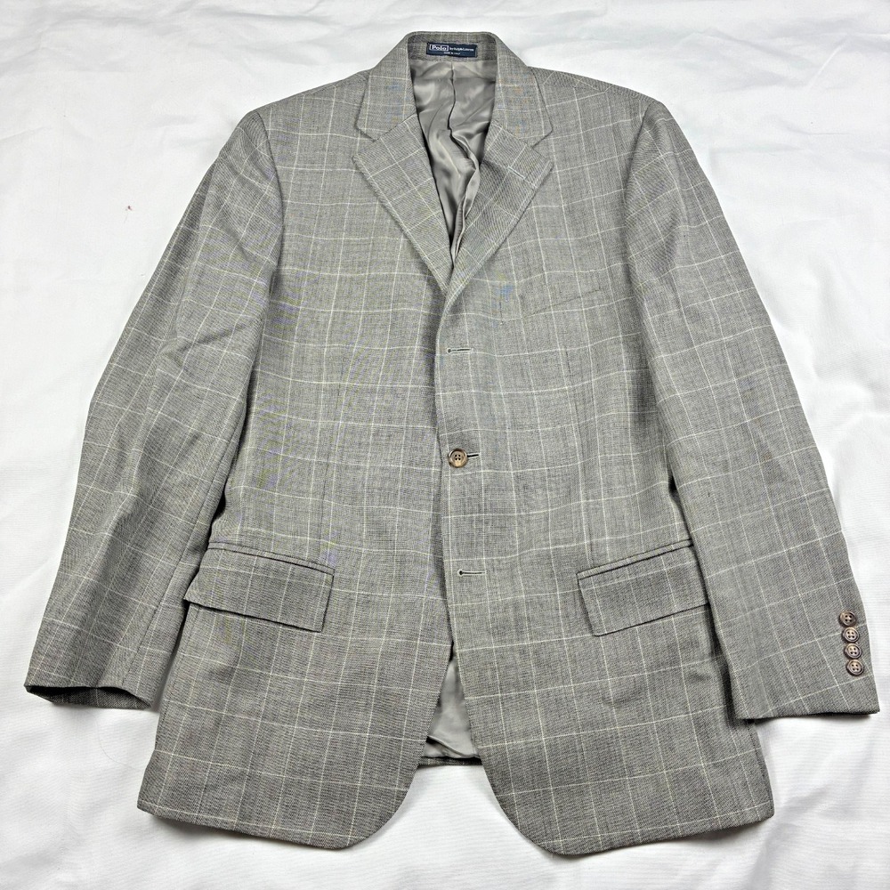 Polo Ralph Lauren Sport Coat 42L Gray Wool Mohair Italy Windowpane Corneliani